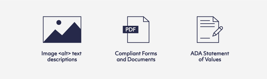 Icons relating to Jump-start towards web accessibility; image alt text descriptions, compliant forms and documents, ADA statement of values