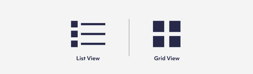 Icons relating to A compliance. Two e-commerce views on collection pages: list view, grid view