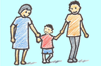 Crayon drawing of man and woman holding hands with child in the center