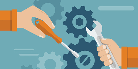 Graphic of gears turning and hand holding tools to tune up