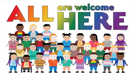 Graphic with children titled All Are Welcome Here