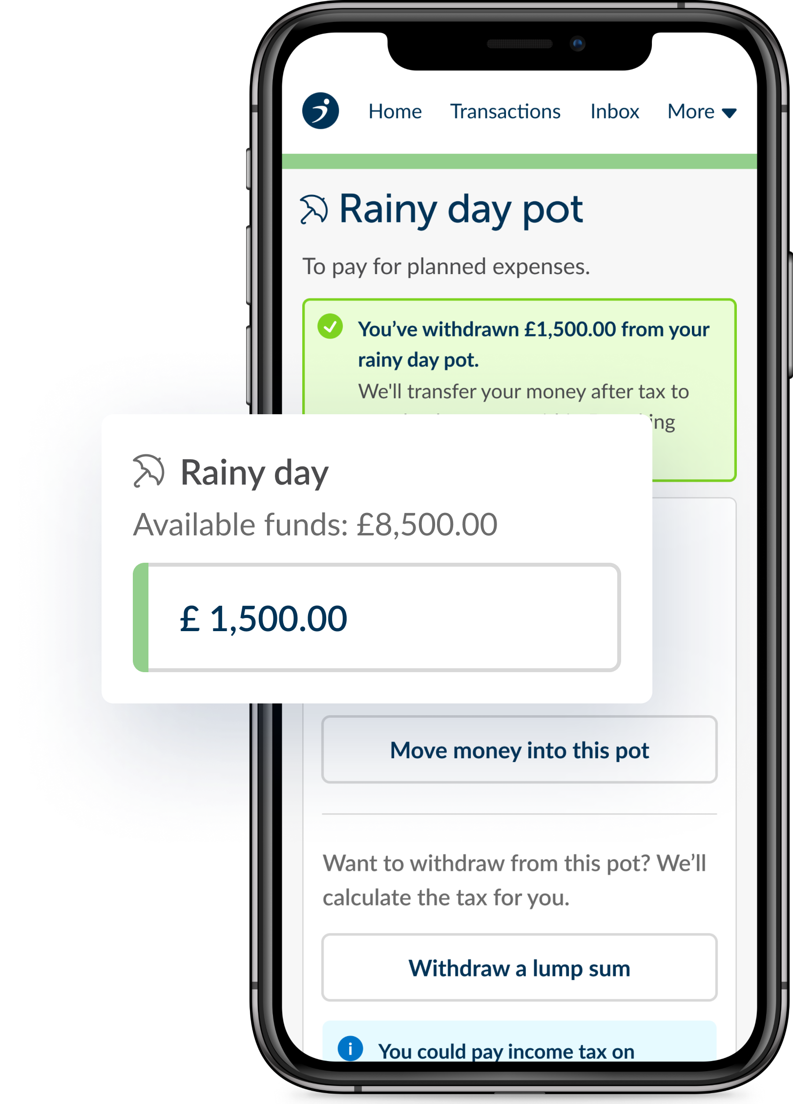 A smartphone showing money being withdrawn from the rainy day pot