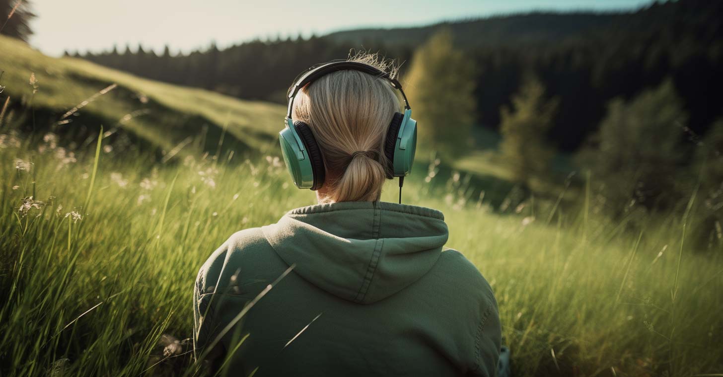 Woman staring off into green nature, wearing headphones