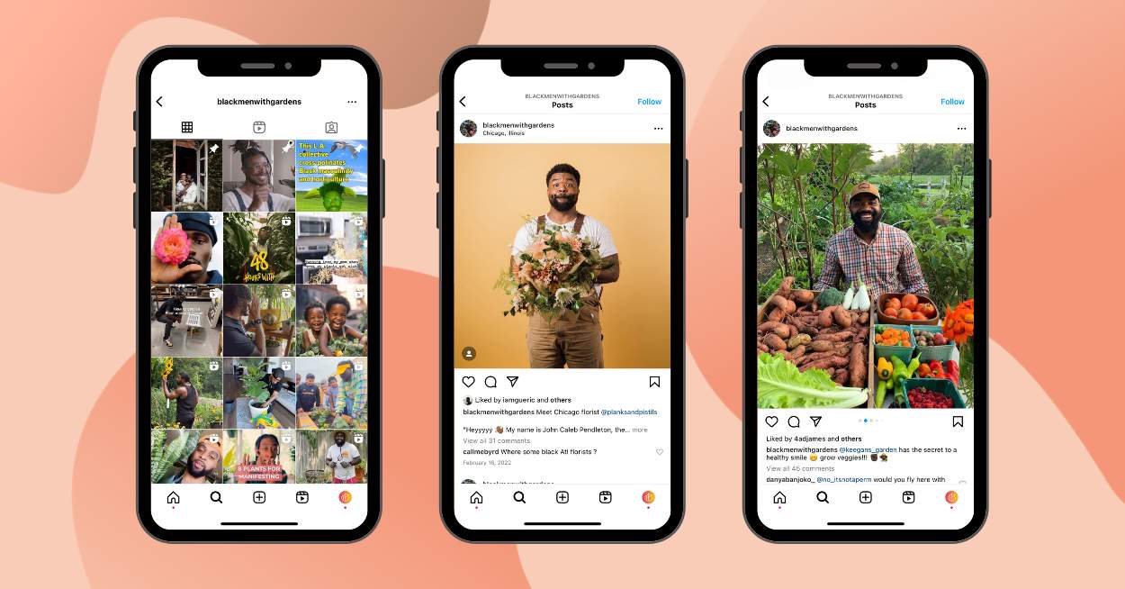 Three iPhone screenshots of Instagram posts from Black Men with Gardens posts