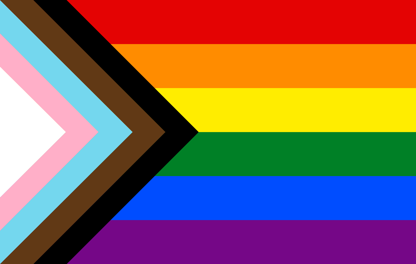 Horizontal stripes in the colors of the progress pride flag, from top to bottom: red, orange, yellow, green, blue, purple. On the lefthand side, a triangle chevron of white, light pink, light blue, brown, and black.