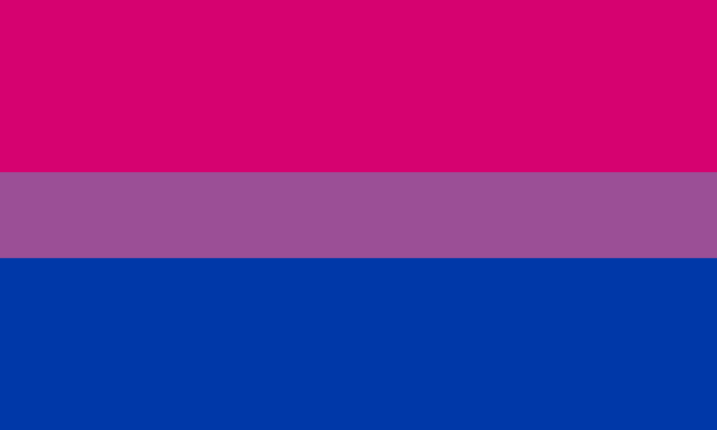 horizontal stripes in the colors of the bisexual pride flag, from top to bottom: Pink, purple, and blue.