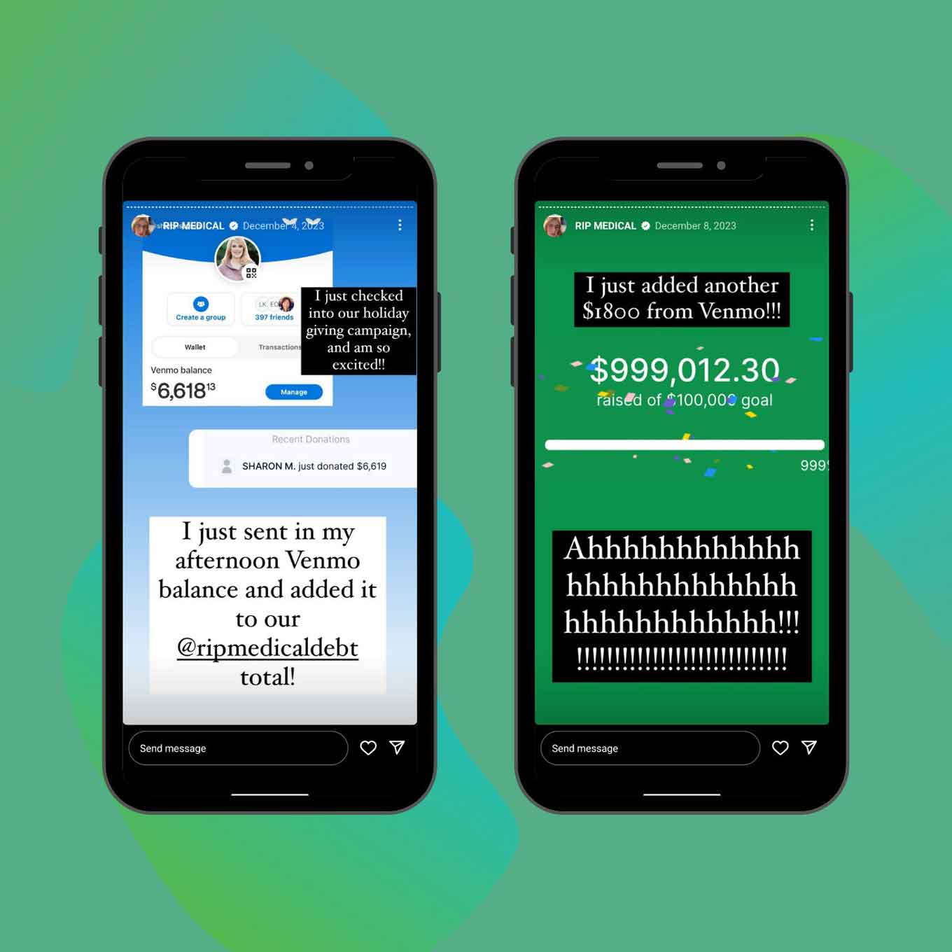Screenshots of Sharon McMahon's Instagram stories about the RIP Medical Debt fundraiser.