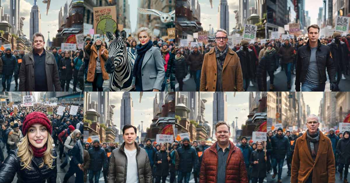 A collage of AI-generated images of celebrities and influencers marching in a protest. They include Patton Oswalt, Elaine Hendrix, Joanne Carducci, Adam McKay, Shepard Fairey, Michale Ian Black, Andy Richter, and Bill McKibben