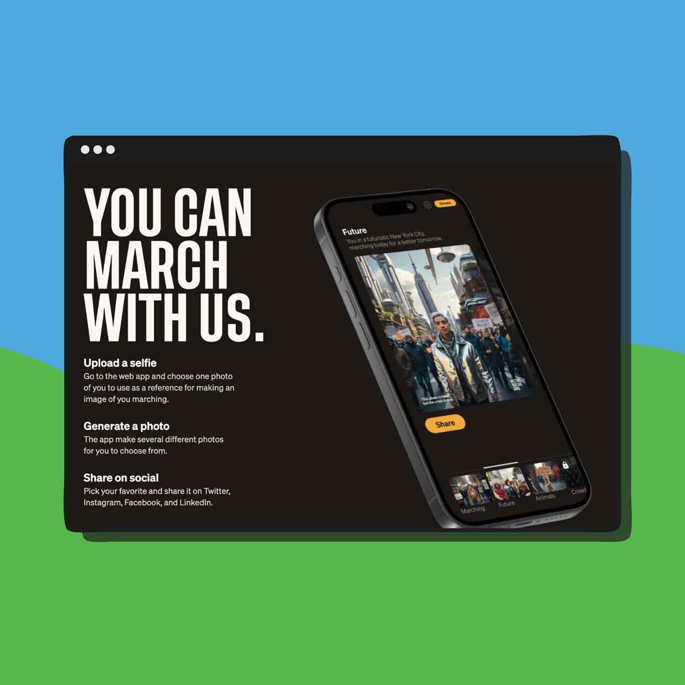 A screenshot of the Retire Big Oil website, encouraging users to upload a photo and join the digital march