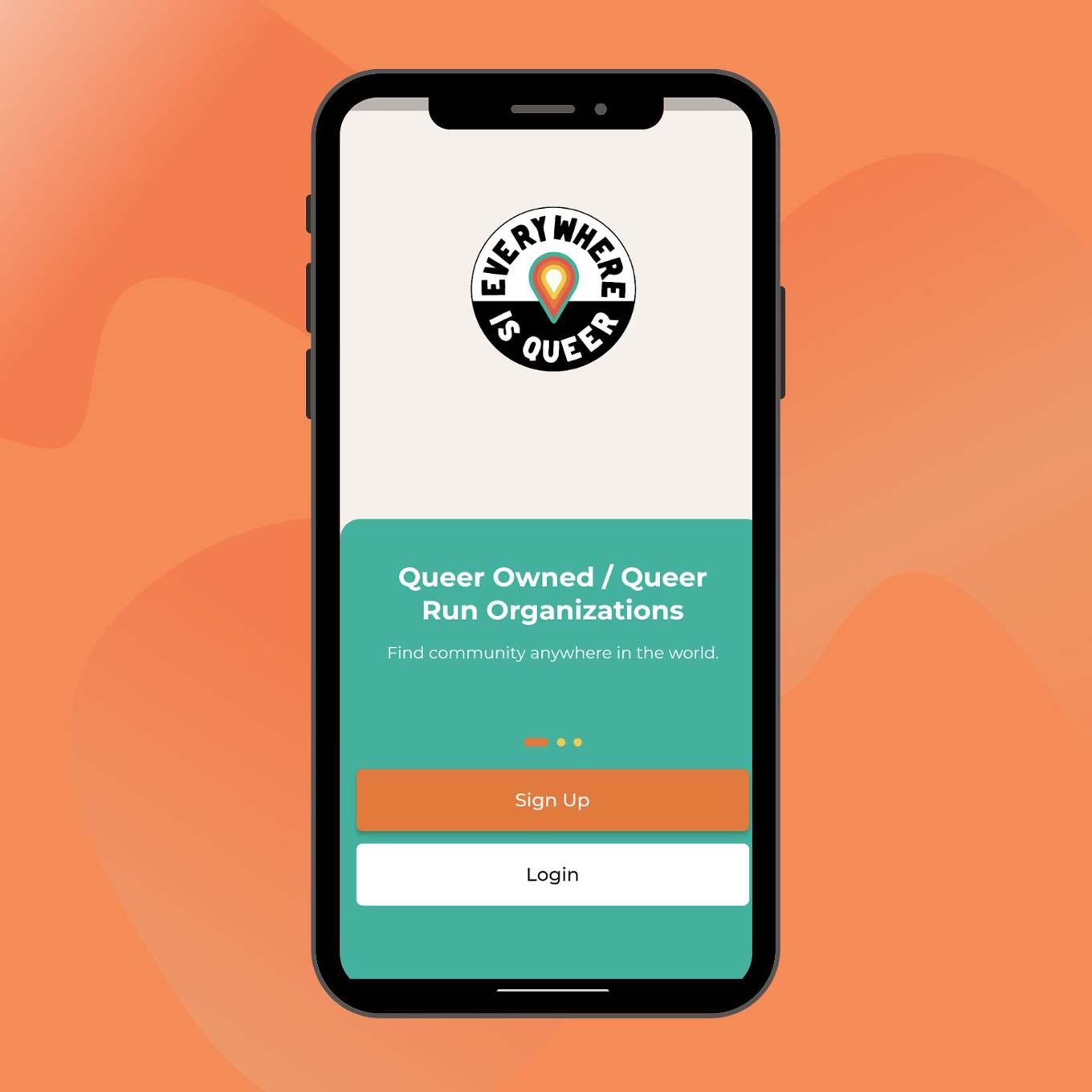A screenshot of the Everywhere is Queer mobile app login page