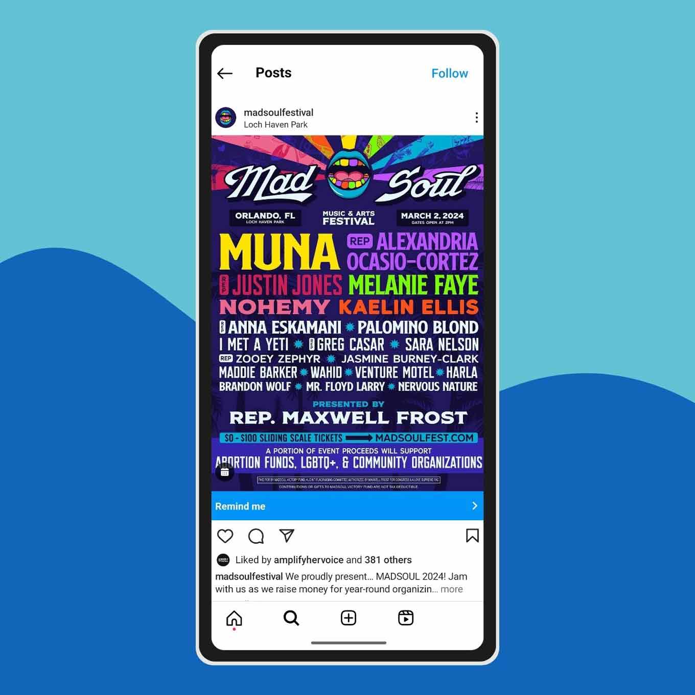 A screenshot of an instagram post showing the MadSoul Music Festival lineup in Orlando, Florida on March 2, 2024