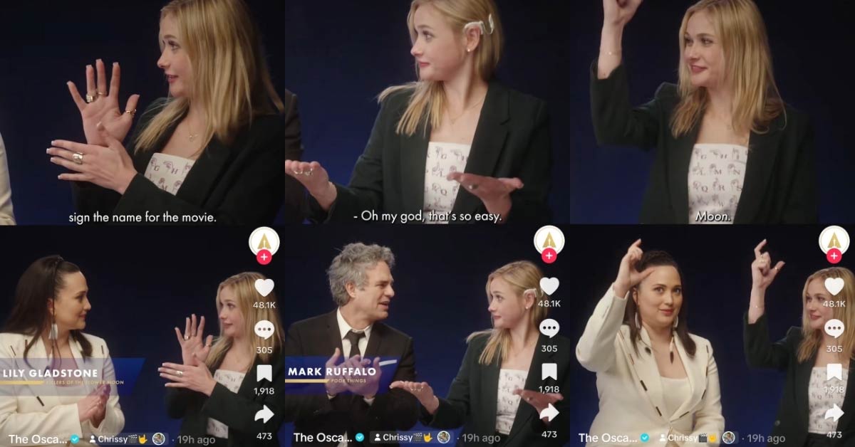 Watch Sign language interpreter teaches Mark Ruffalo, Lily Gladstone