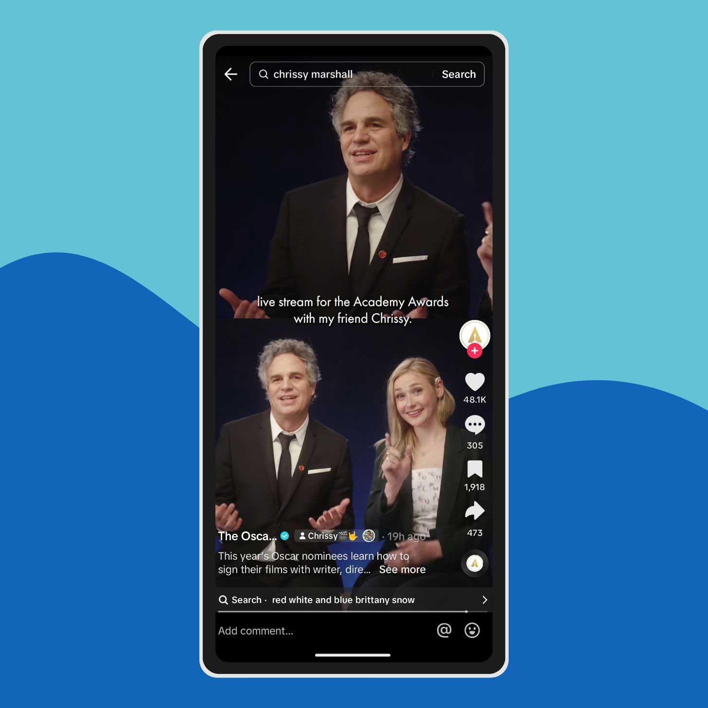 A screenshot of a TikTok posted by The Oscars, featuring Mark Ruffalo and Chrissy Marshall