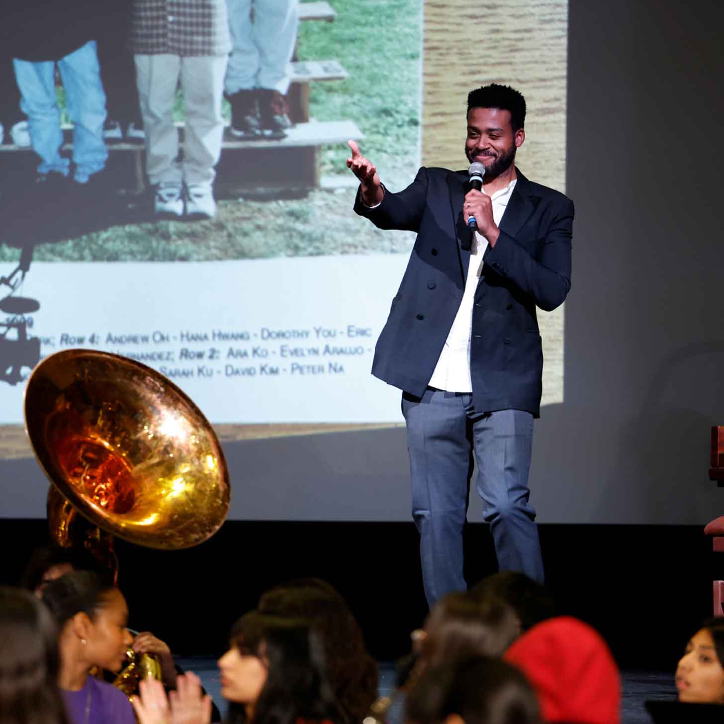 Kris Bowers of "The Last Repair Shop" speaks on stage