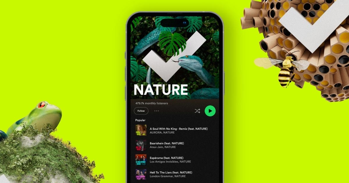 An iPhone with a screenshot of a Spotify playlist including songs that feature NATURE