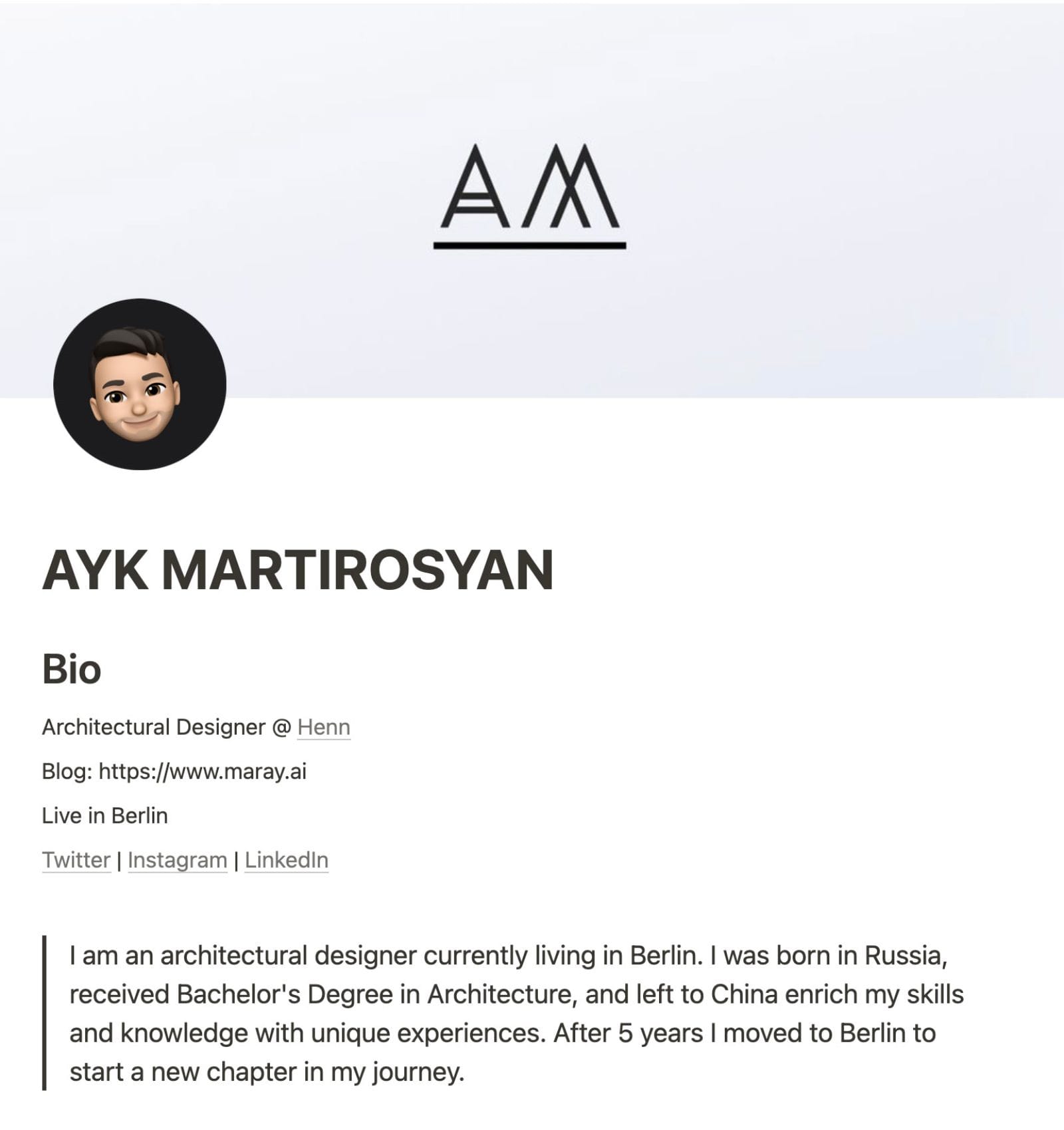 Main page of the resume.