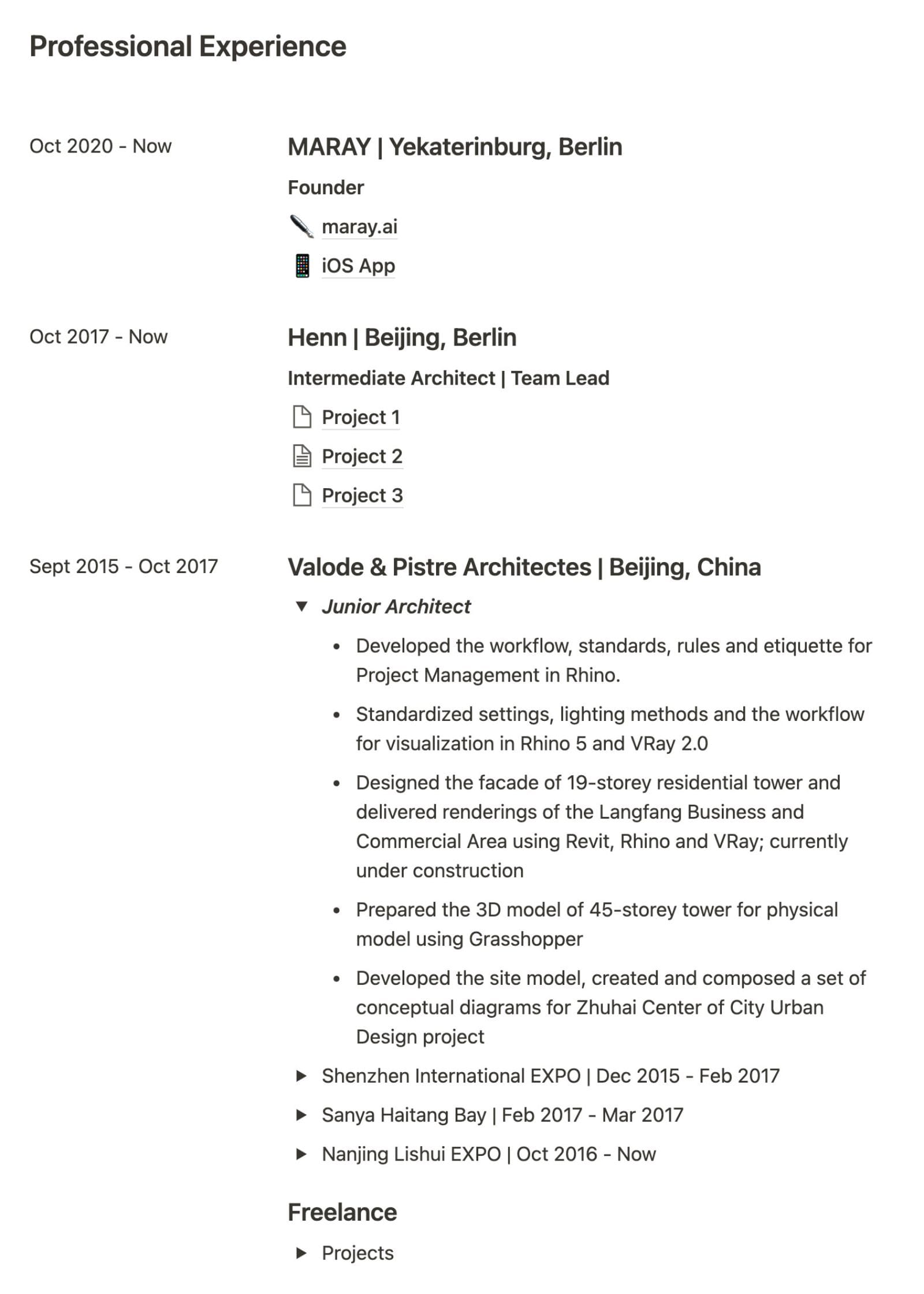 Professional experience should contain specific tasks that you performed. Pages in Notion can represent such information well.