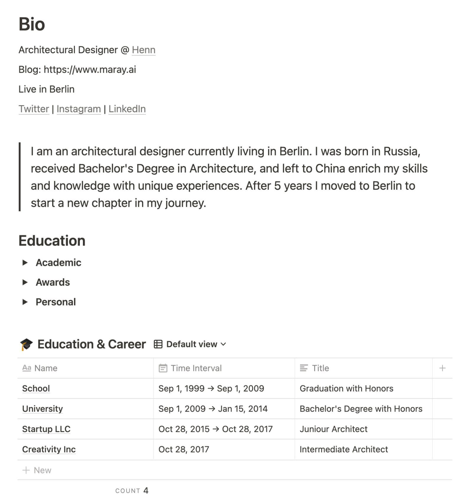 Bio and Education section of the digital resume in Notion.