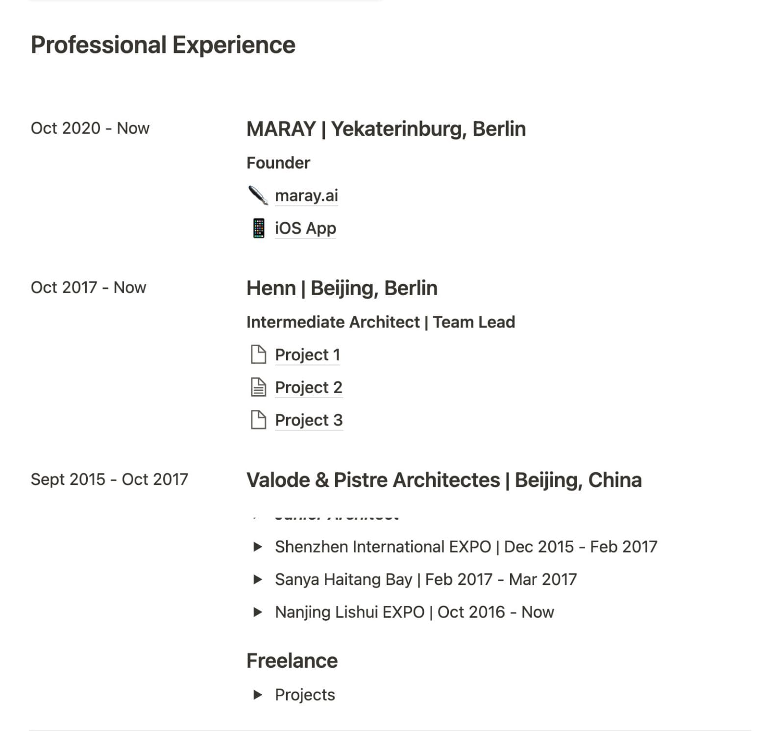 Professional experience section in the resume.