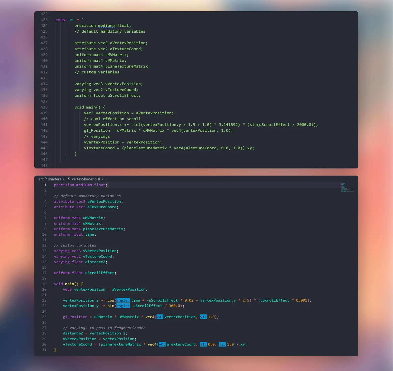 GLSL shader code comparing highlighted syntax with stringified code.