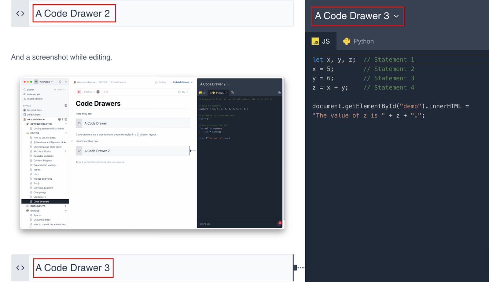 how to write documentation Code Drawers in Archbee
