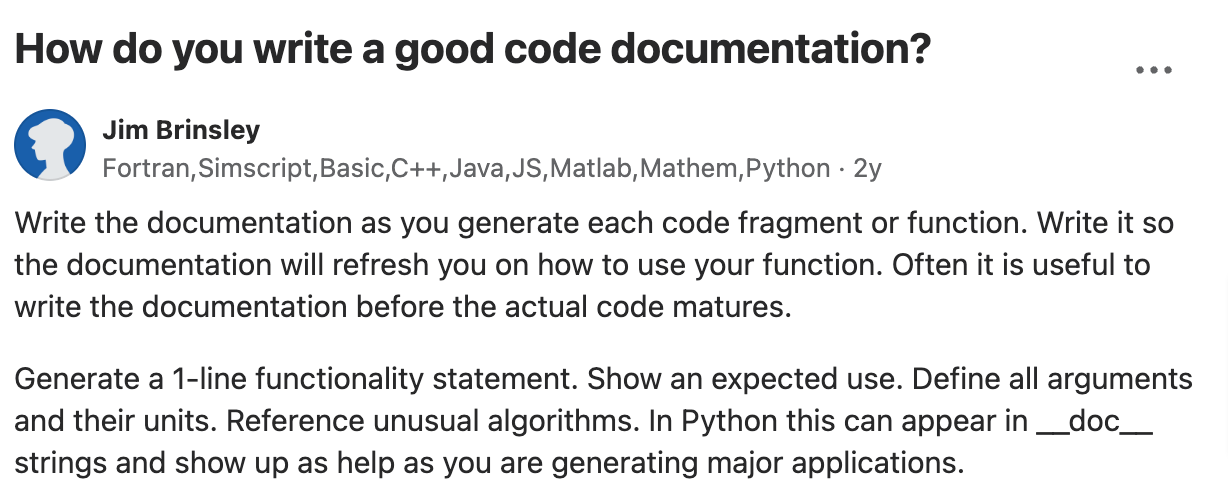 Quora post about good code documentation