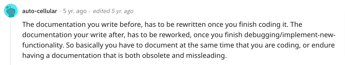how to write documentation Reddit post about writing the code