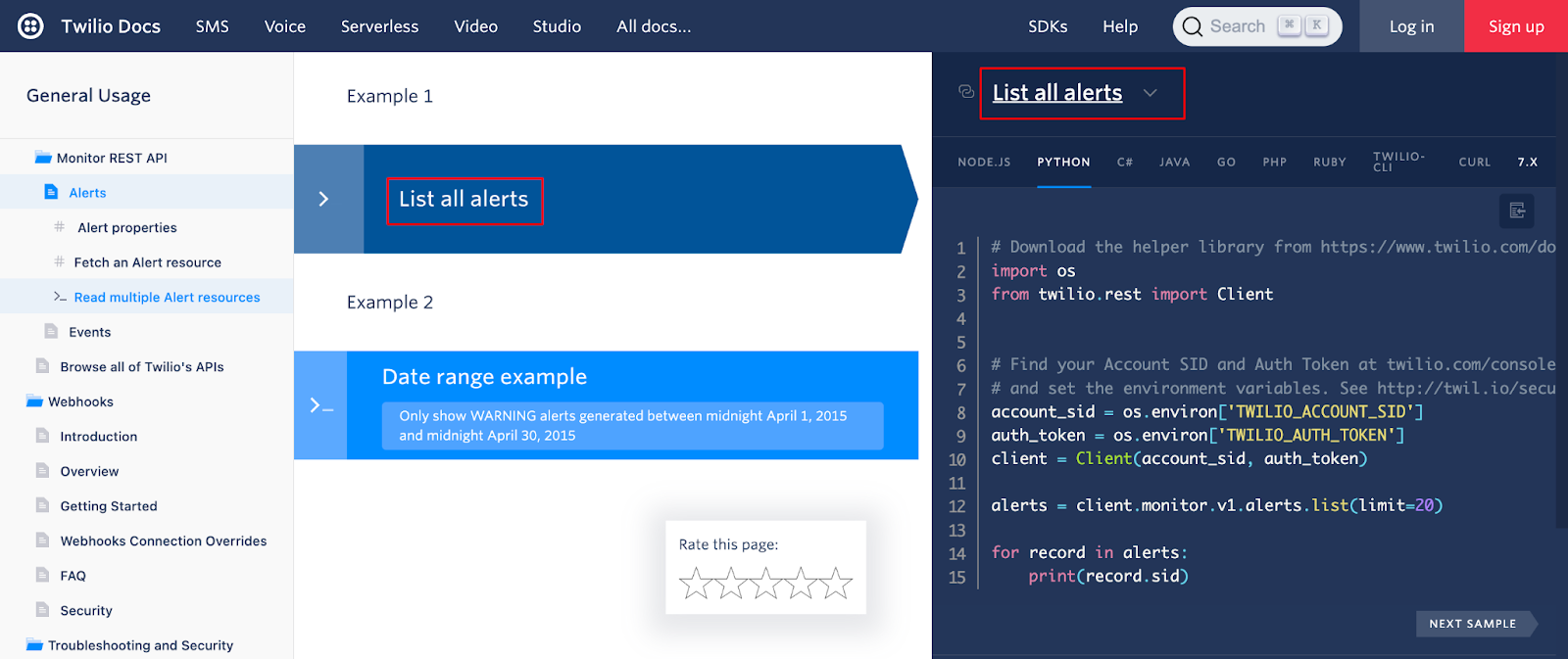 Twilio incorporates code samples that automatically render as the user scrolls down the document