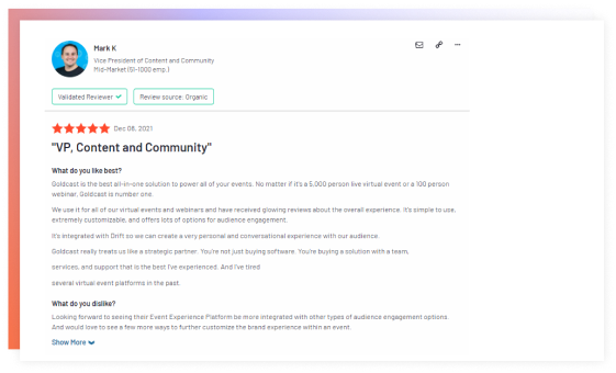 An image of testimonial from a customer highlighting the advantages of using the Goldcast Platform over it's competitors.