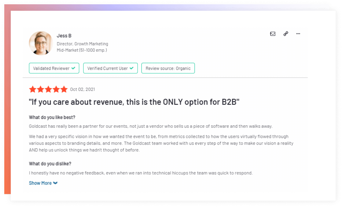 This is an image of a testimonial from a Goldcast user highlighting the benefits of using Goldcast platform over its competitors.