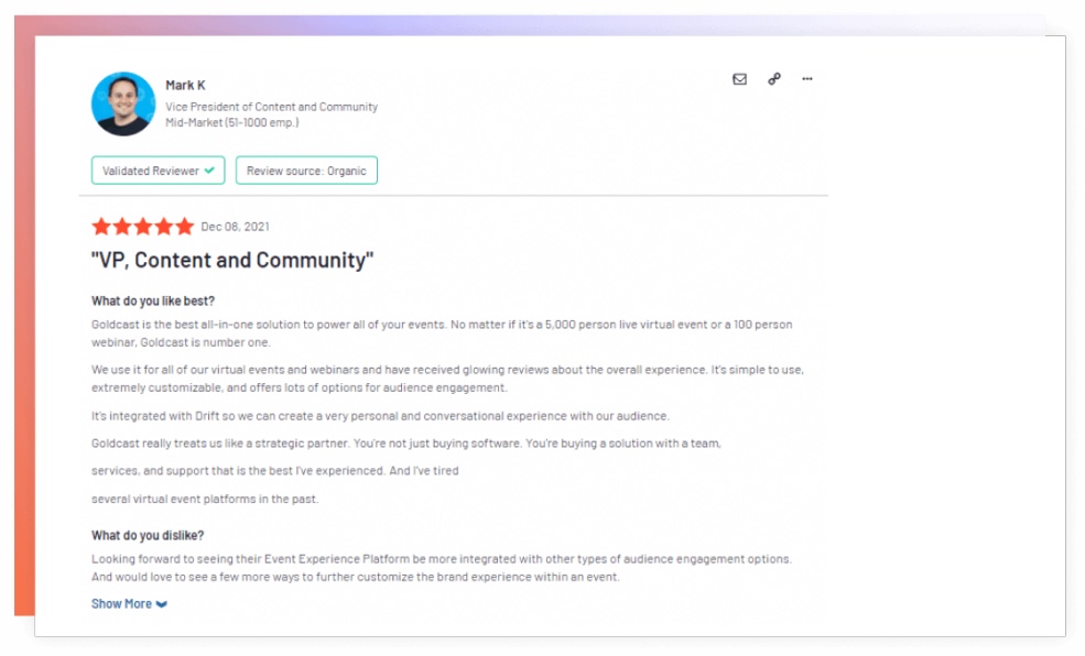An image of testimonial from a customer highlighting the advantages of using the Goldcast Platform over it's competitors.
