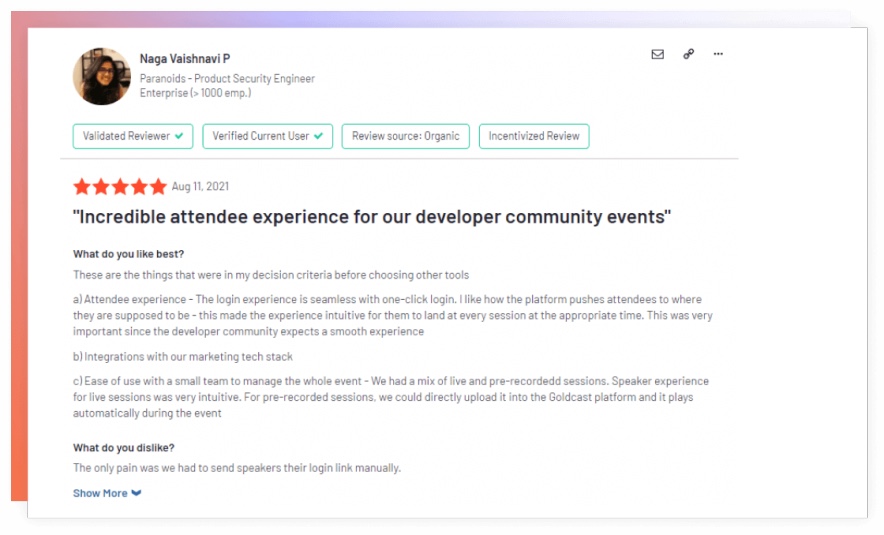 An image of testimonial from a customer highlighting the advantages of using the Goldcast Platform over it's competitors.
