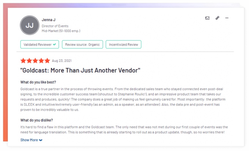 An image of testimonial from a customer highlighting the advantages of using the Goldcast Platform over it's competitors.