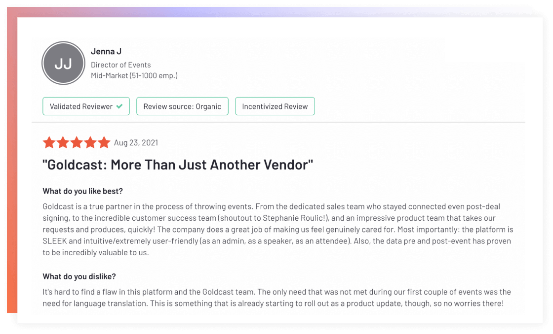 An image of testimonial from a customer highlighting the advantages of using the Goldcast Platform over it's competitors.