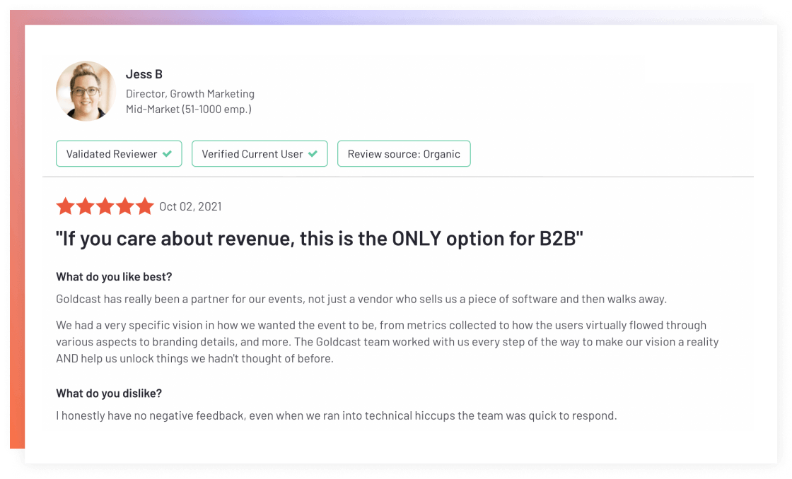 This is an image of a testimonial from a Goldcast user highlighting the benefits of using Goldcast platform over its competitors.