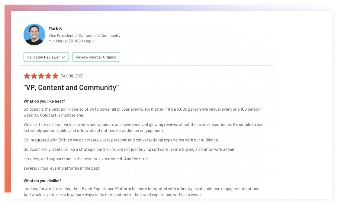 An image of testimonial from a customer highlighting the advantages of using the Goldcast Platform over it's competitors.