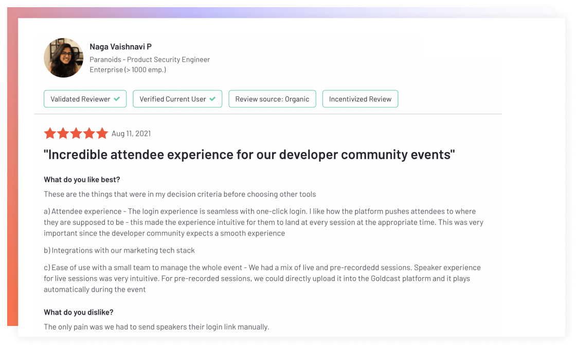 An image of testimonial from a customer highlighting the advantages of using the Goldcast Platform over it's competitors.