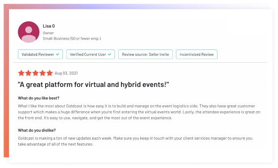 An image of testimonial from a customer highlighting the advantages of using the Goldcast Platform over it's competitors.