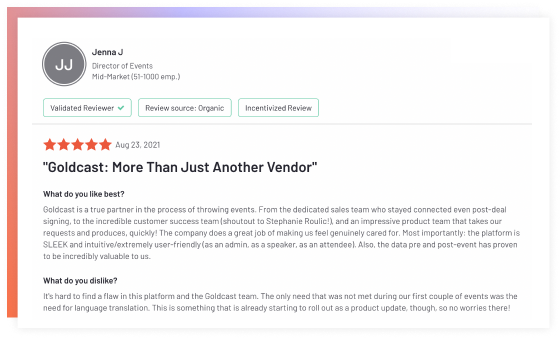 An image of testimonial from a customer highlighting the advantages of using the Goldcast Platform over it's competitors.