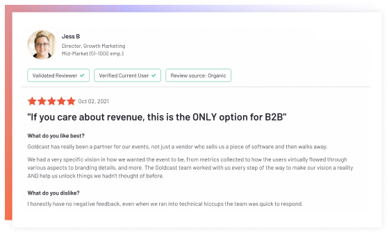 This is an image of a testimonial from a Goldcast user highlighting the benefits of using Goldcast platform over its competitors.