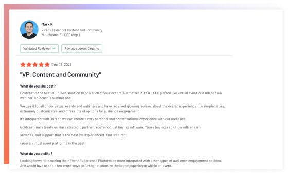 An image of testimonial from a customer highlighting the advantages of using the Goldcast Platform over it's competitors.