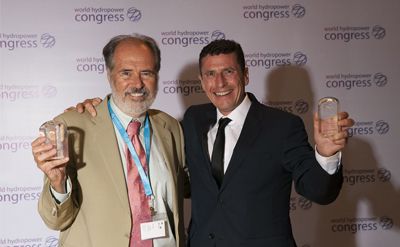 Eduard Wojcynski of Manitoba Hydro and Anton-Louis Olivier of Renewable Energy Holdings, two of the winners of the Mosonyi award at the 2017 World Hydropower Congress.