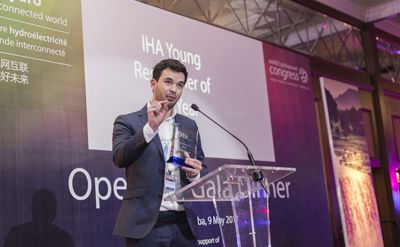 2017 winner Alexandros Korkovelos accepts his award at the World Hydropower Congress in Addis Ababa, Ethiopia
