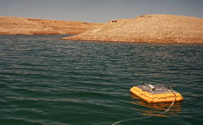 Photograph of a device to measure GHG emissions floating in Lake Powell, Arizona. Photo by Hydro-Québec