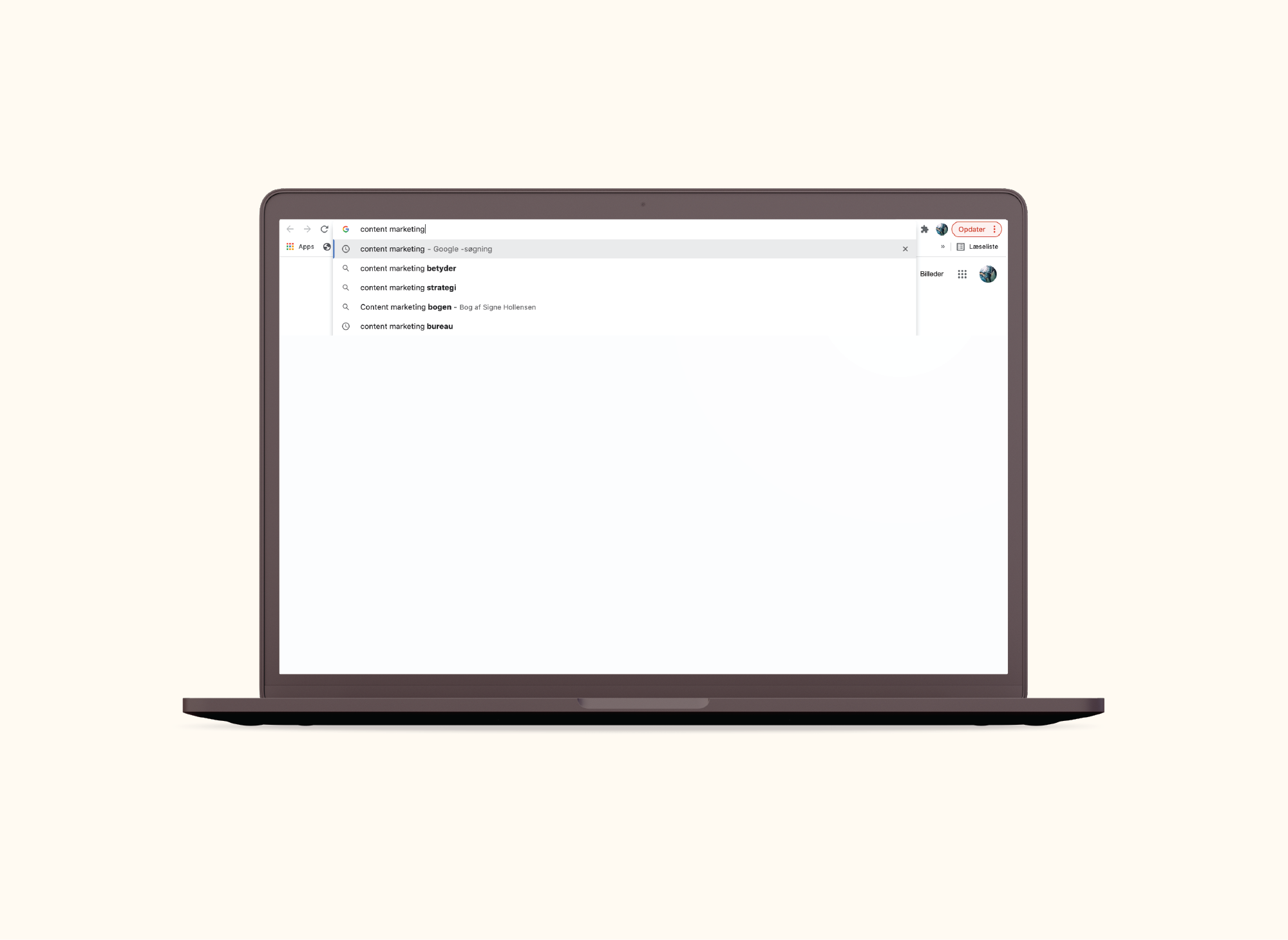 En google søgning, hvor Google viser søgeordsforeslag