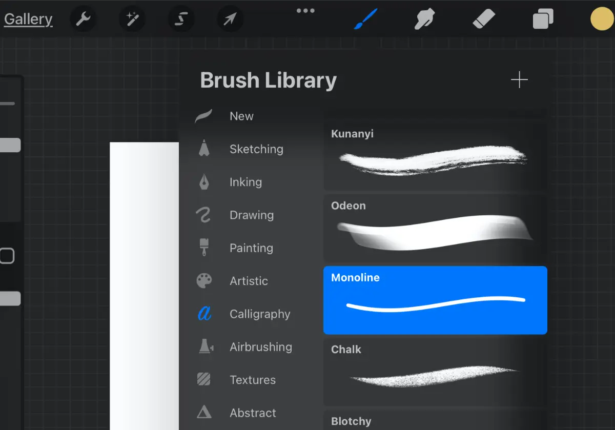 The Procreate brush library, highlighted over monoline.