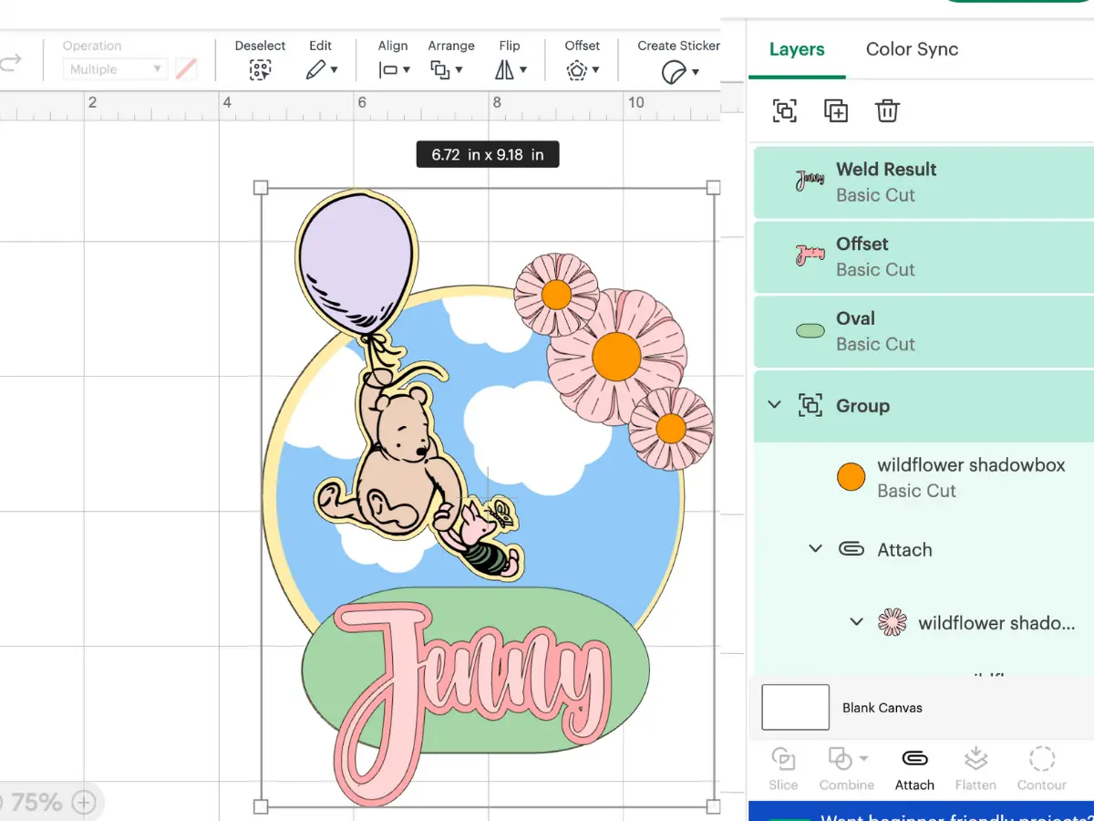 A classic winnie the pooh topper designed in Cricut Design space utilizing the weld function.