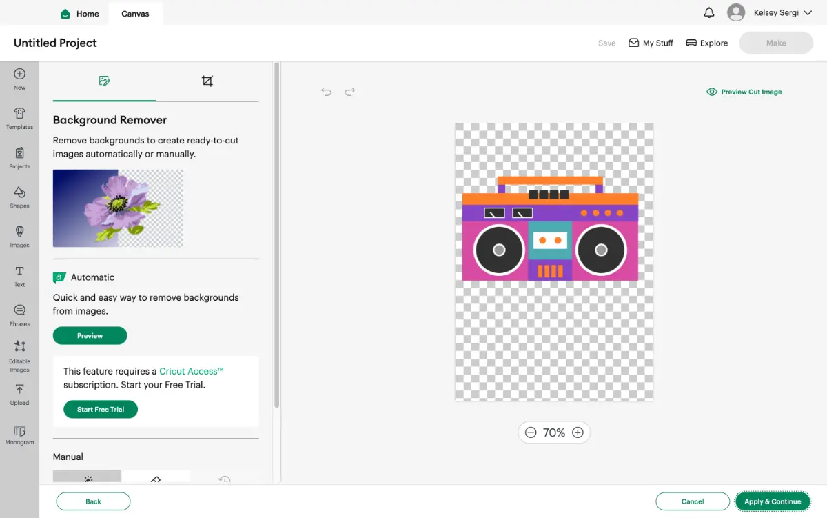 Background remover on Cricut Design Space.