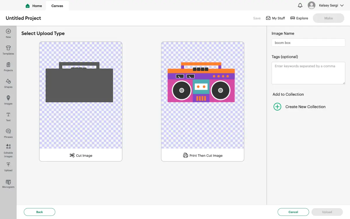 Choosing between a cut image and a print then cut image on Cricut Design Space when uploading a new file.