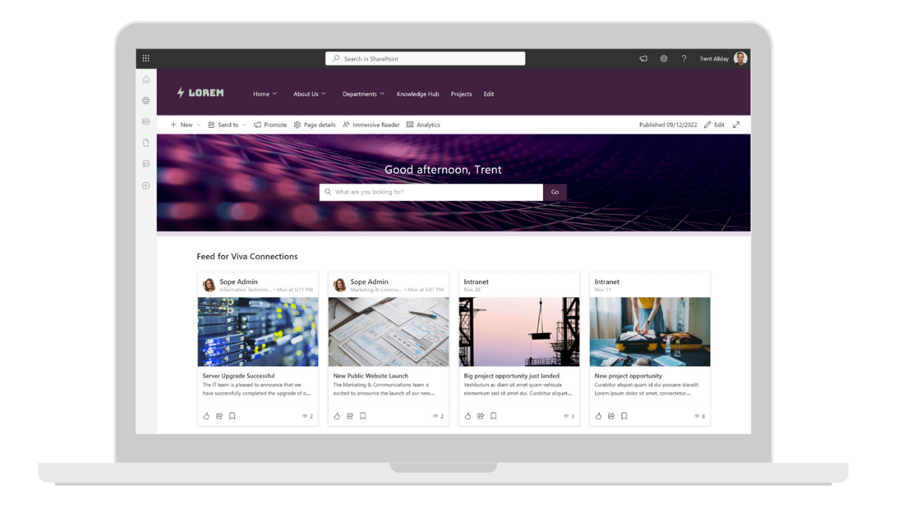 sharepoint home page design with viva connections teams integration feed on interface